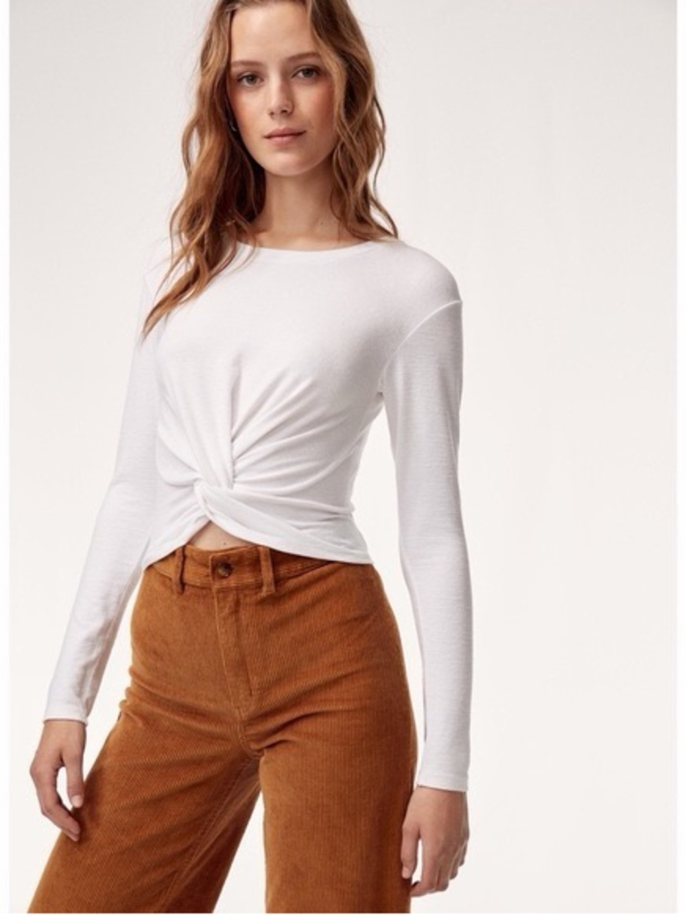 Aritzia Wilfred Free White Ortiz Twist-Front Long Sleeve Top